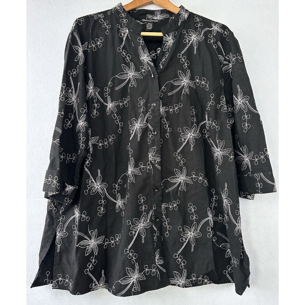 Business Black Floral Linen Top Slit Sides 3/4 Sleeves Women's Plus Size 2X